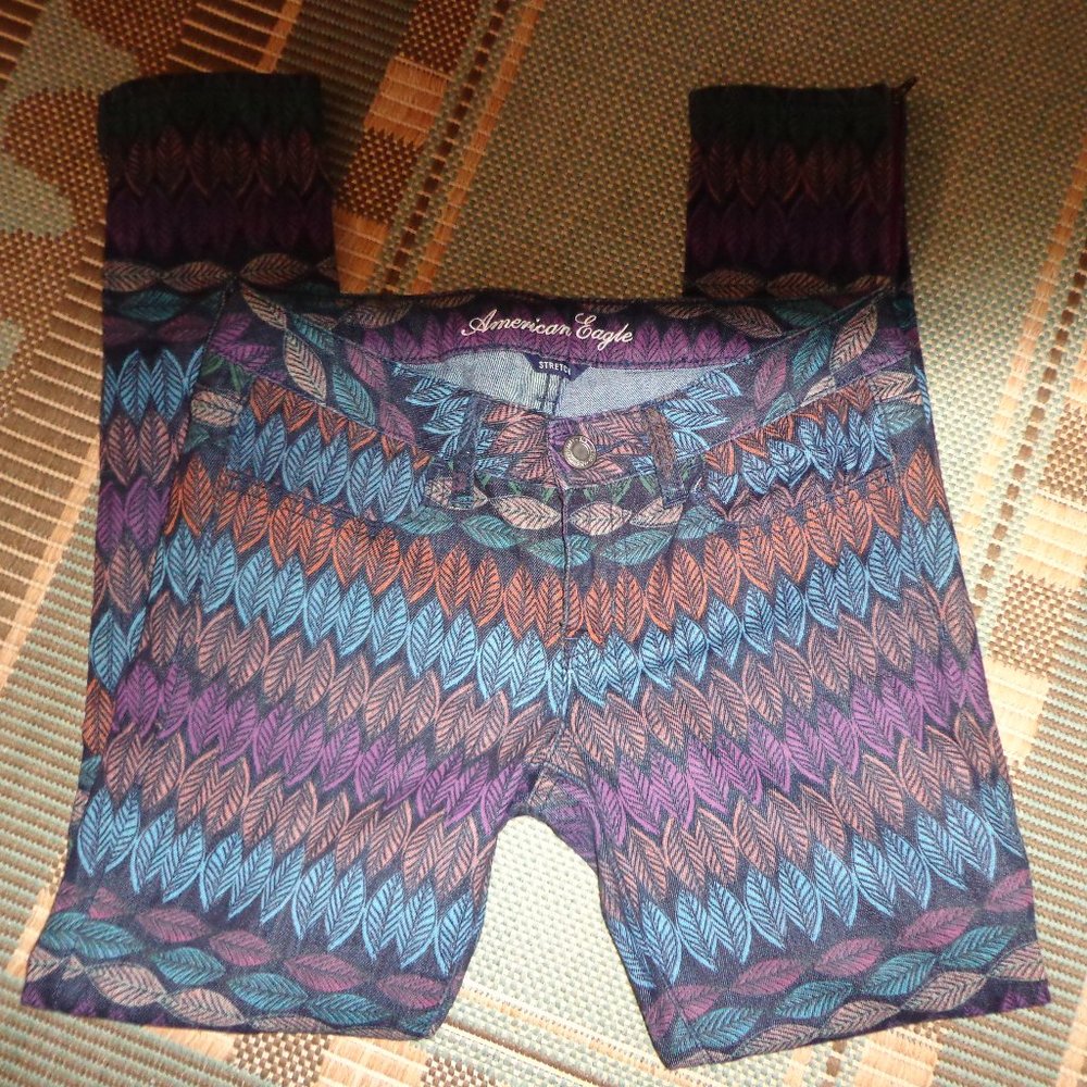 American Eagle Outfitters Stretch Jeggings 4 Leaf/Feather Multicolored Zip Leg - Picture 7 of 16